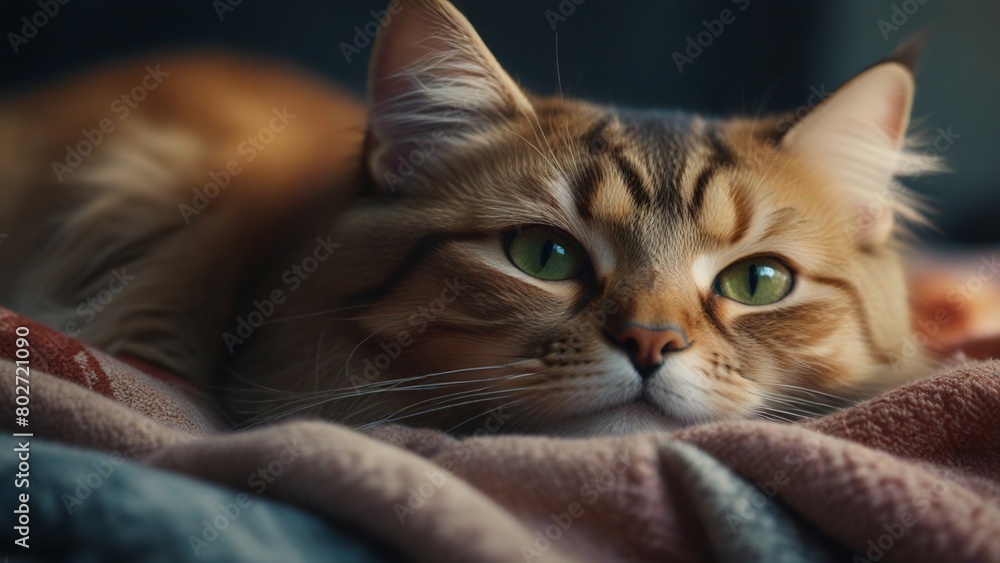 Cute cat relaxing on blanket