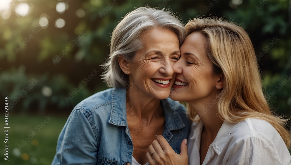 Two women are hugging each other in a park. They are both smiling and seem to be enjoying each other's company