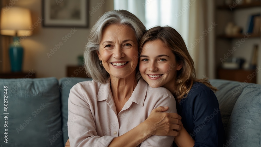 A mother and a daughter are sitting on a couch, smiling at the camera. The woman is wearing a pink shirt and the girl is wearing a blue shirt. Scene is warm and friendly A mother and a daughter are sitting on a couch, smiling at the camera. The woman is wearing a pink shirt and the girl is wearing a blue shirt. Scene is warm and friendly