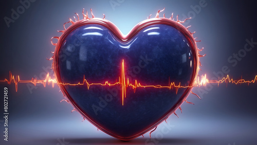 A heart made of glass with red and blue lights surrounding it. The heart is surrounded by a wave of light, giving the impression of a heartbeat