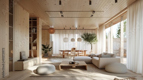 Young person's Scandinavian retreat, blending modern minimalism with traditional wood accents and a flood of natural light for a serene environment © Paul