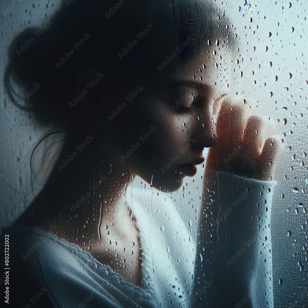 Fototapeta premium portrait of a sad girl made of raindrops on the window, low light, Minimalist photography