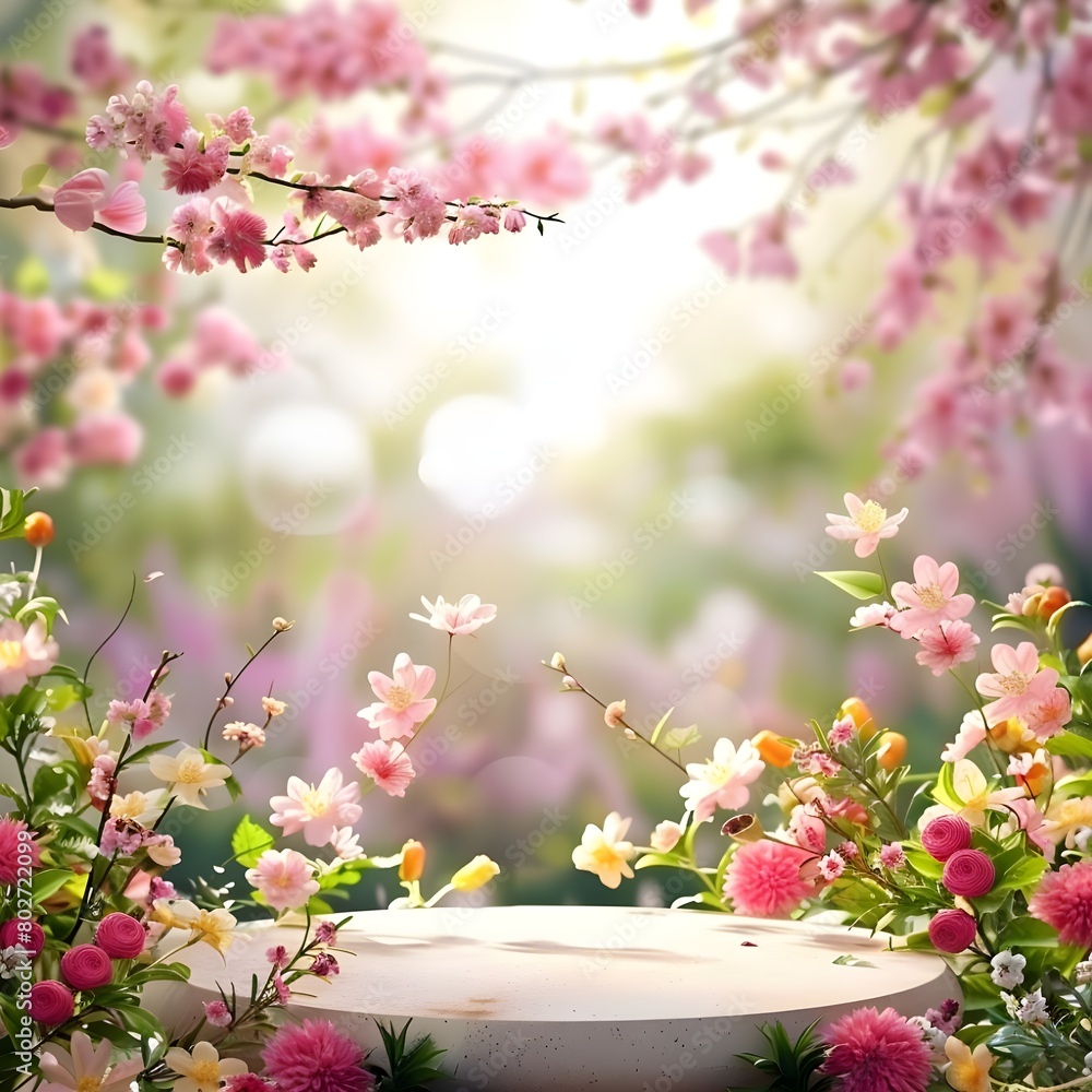 blossom in spring, Pink blank podium with flowers on pink background product presentation blossom in spring, Pink blank podium with flowers on pink background product presentation