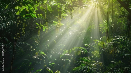 A serene scene of a sunbeam filtering through the canopy  illuminating the lush  verdant foliage  representing the delicate balance of light and life in the rainforest on World Rainforest Day.
