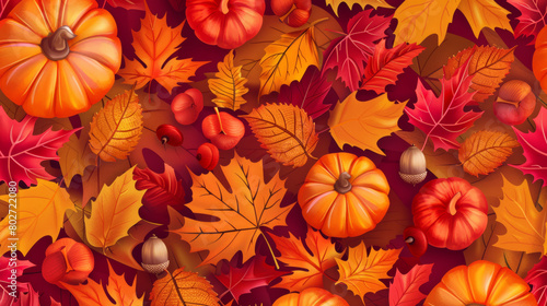 Seamless pattern background with autumn leaves  pumpkins and acorns  in vibrant hues of red  orange  and yellow.