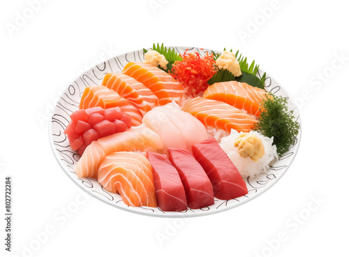 arrangement of various kinds of sashimi mixture on a plate with an appetizing presentation isolated on a transparent background. Generative AI