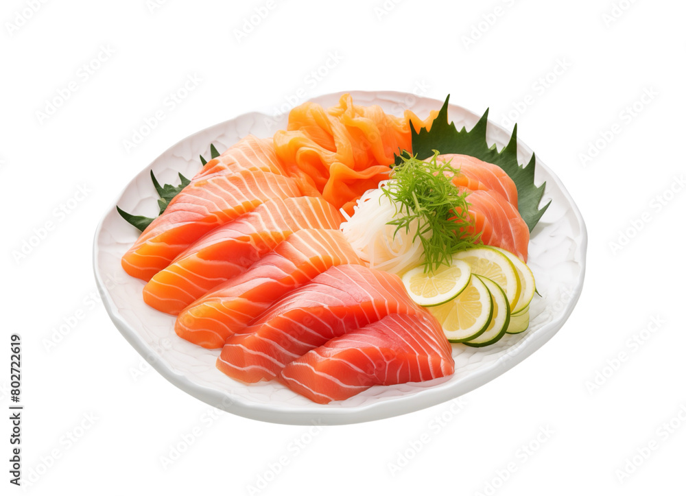 arrangement of various kinds of sashimi mixture on a plate with an appetizing presentation isolated on a transparent background. Generative AI arrangement of various kinds of sashimi mixture on a plate with an appetizing presentation isolated on a transparent background. Generative AI
