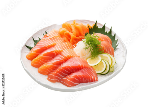arrangement of various kinds of sashimi mixture on a plate with an appetizing presentation isolated on a transparent background. Generative AI