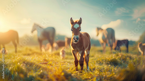 In a picturesque meadow, a young foal grazes peacefully amidst a gathering of other horses, embodying the serene beauty of rural life photo