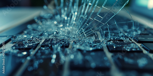 close up of a board, a shattered computer screen, with cracks radiating from the impact point, depicting the aftermath of a dropped or mishandled laptop, with fragments of glass scattered across the k photo