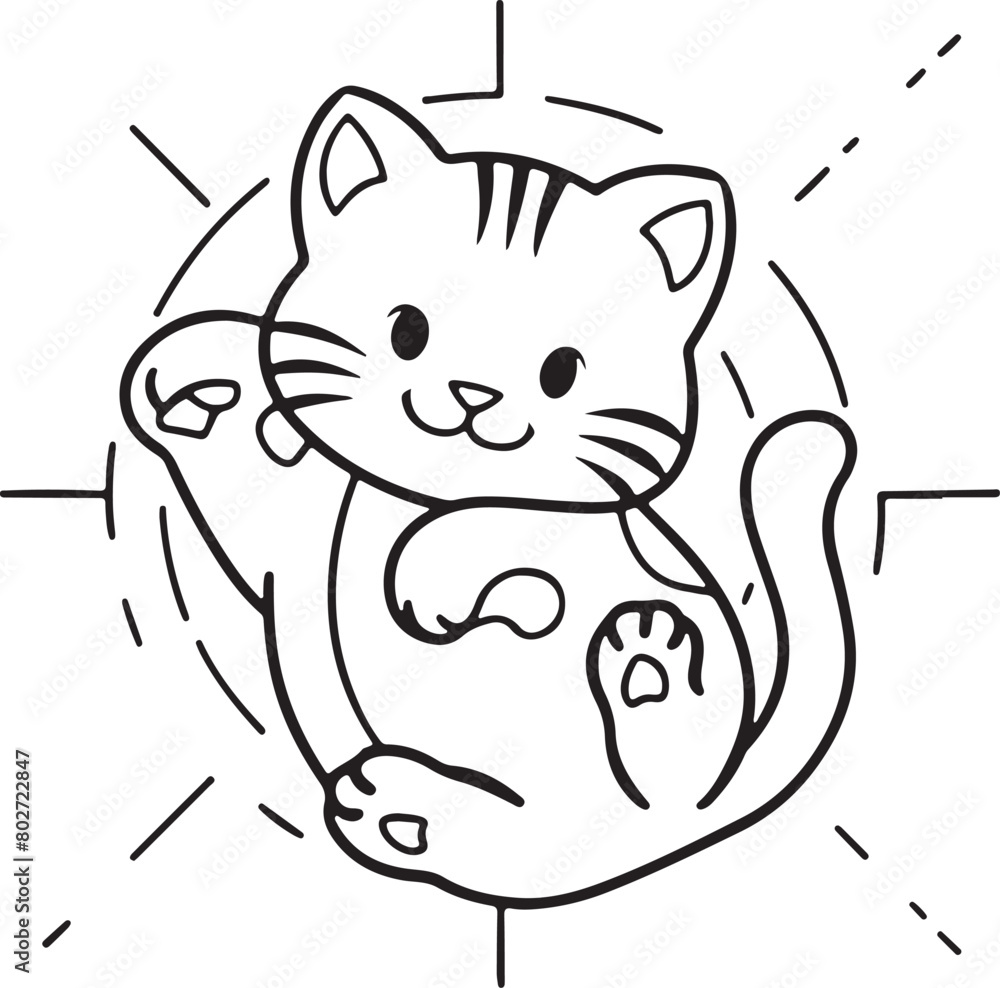 Cute cat coloring page for kids, black and white illustration for ...