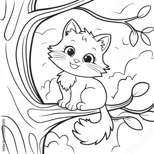 cute cat coloring book, kawaii kitten outline cat coloring page for kids, hand draw black line art.