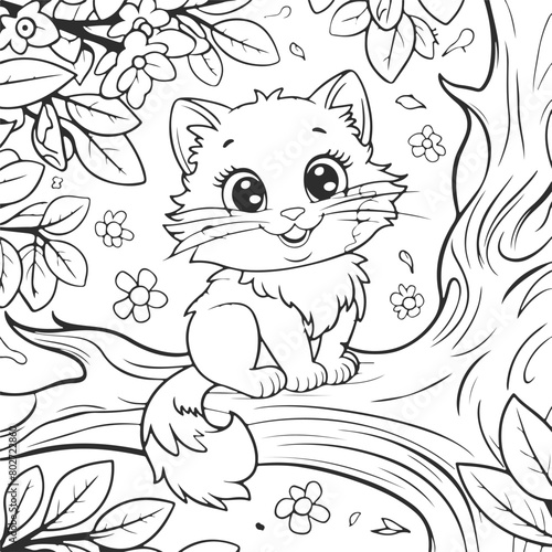 Cute cat coloring page for kids, hand drawn pet black line art coloring book