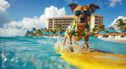 dog wearing sunglasses and Hawaiian shirt surfing on yellow surfboard in the ocean with blue sky, white sand beach in background photo