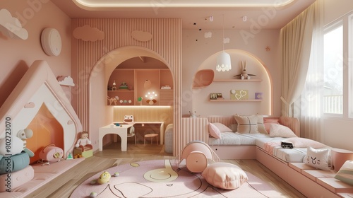 Tender and playful kids  room interior in soft pink  equipped with educational toys  themed bedding  and a safety-first approach  enhancing both comfort and creativity