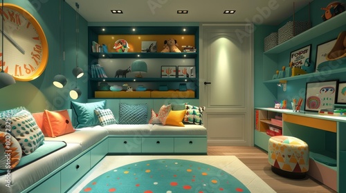 Turquoise-infused children's room with creative lighting and bright colors, showcasing space-efficient storage and a fun art supplies station photo