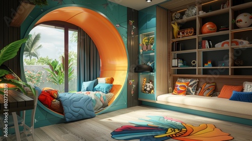 Turquoise-themed kids' room close-up, featuring vibrant decor, themed bedding, and a creative reading nook, alongside interactive wall decals