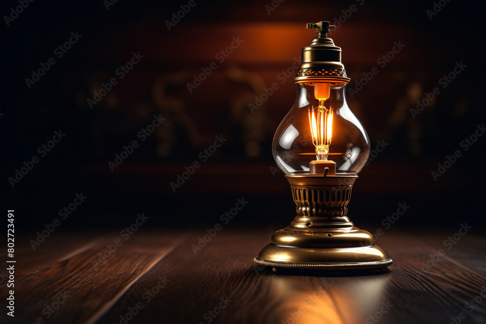 An antique glass lamp on a wooden table illuminates a strategic An antique glass lamp on a wooden table illuminates a strategic