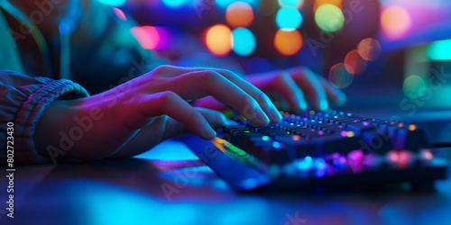 A dynamic composition capturing a gamer's hands rapidly typing on a backlit mechanical keyboard, with lighting effects casting colorful glows onto the desk surface, evoking the intensity of competitiv photo