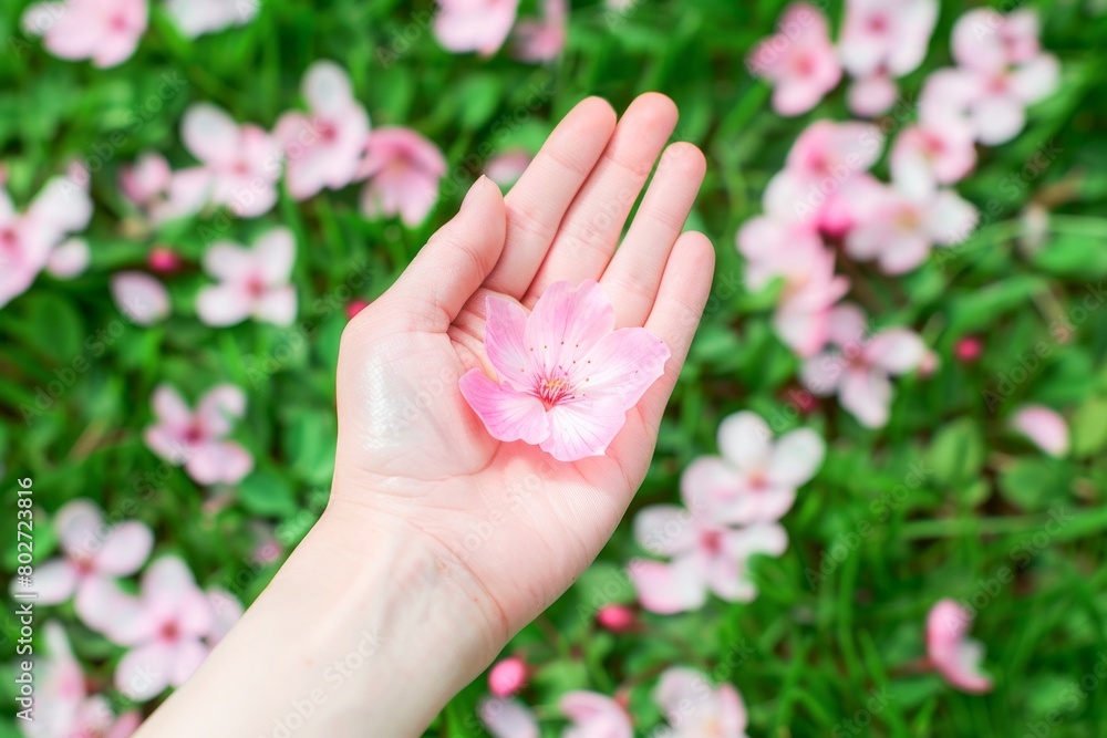 Delicate Pink Cherry Blossom Resting Gently on a Human Palm, Outdoor Spring Setting Delicate Pink Cherry Blossom Resting Gently on a Human Palm, Outdoor Spring Setting