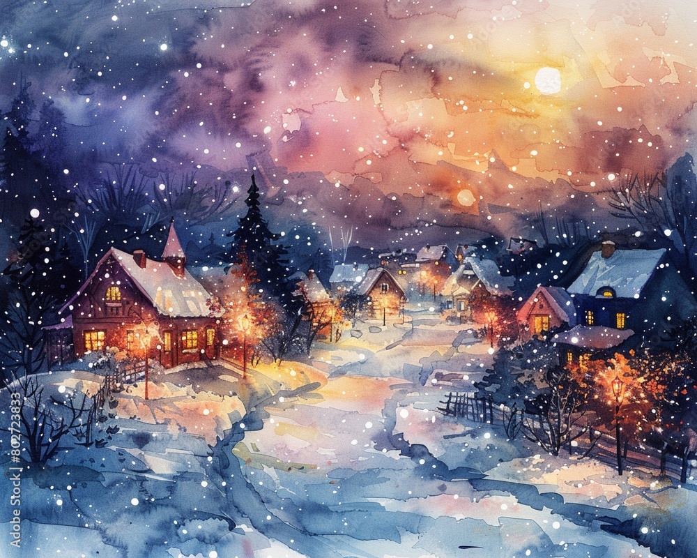 A watercolor painting of a snowy village at night, with colorful lights and winter elements creating a cozy background A watercolor painting of a snowy village at night, with colorful lights and winter elements creating a cozy background