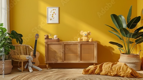 Warm and welcoming child room setup with a yellow wall, brown bedding, plush toys, and a guitar, centered around a rattan sideboard, mock-up frame included photo