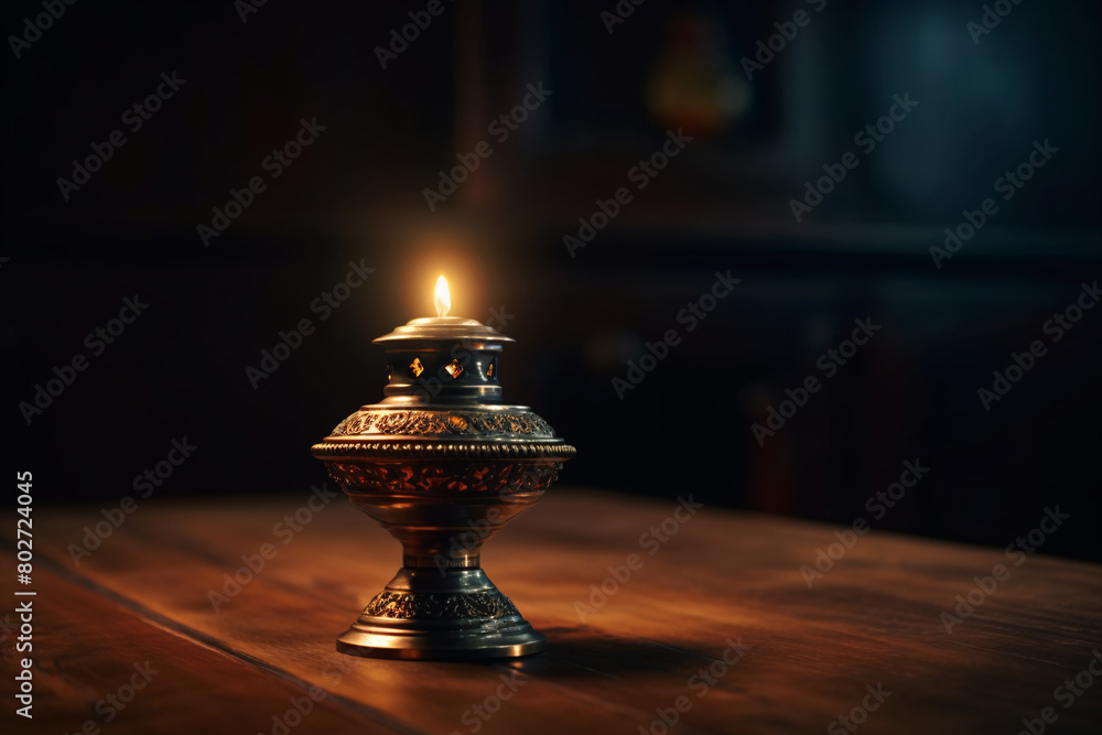 An antique oil lamp casts a warm, flickering light on a dark table An antique oil lamp casts a warm, flickering light on a dark table