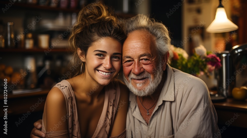 grandfather and daughter smiled happily, grandfather and daughter embraced warmly full of love and affection