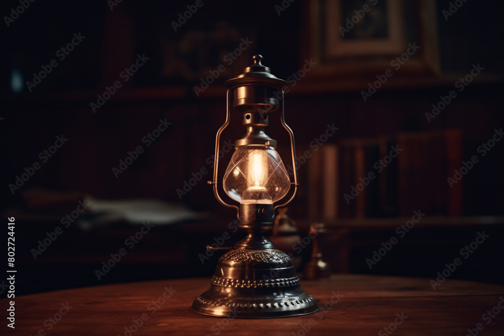 antique lamp on a wooden table antique lamp on a wooden table