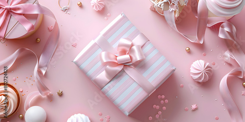 A pink gift box with a pink ribbon on it and flowers on the background. 