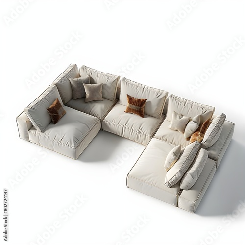 sofa with pillows isolated on white background, corner sofa 3d model s and meterials interior define photo