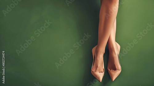 Legs of young woman in stylish beige high heels on gre