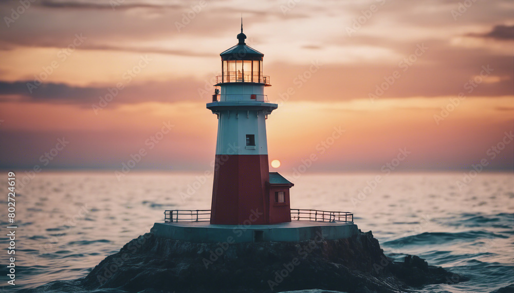 lighthouse in the middle of the sea, sunset colors and little wavy sea
