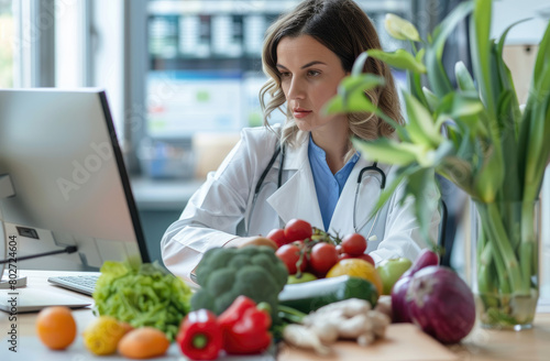 Female doctor sitting at her desk in her office with her computer  fruit and vegetables on the table  looking pensive while reading online information about healthy eating.