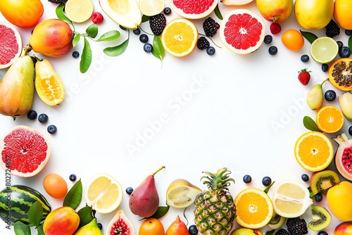 Fresh mixed tropical fruits arranged in a colorful pattern on an isolated white background with plenty of copy space for text