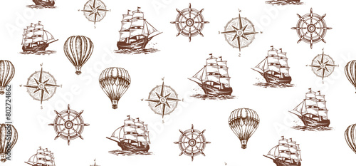 Ship steering wheel, wind rose, Vintage sailing yachts, vector.	
