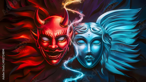Devil and angel masks on colored background photo