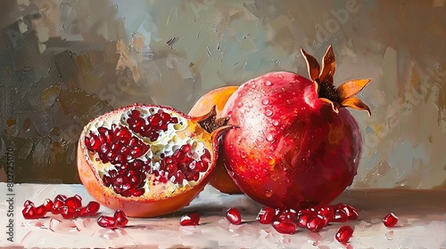 Craft a stunning oil painting of a pomegranate and peach from a side view perspective Infuse the fruits with richness and texture by playing with light and shadow Highlight the lus photo