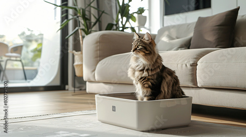 Litter box for cat in living room photo