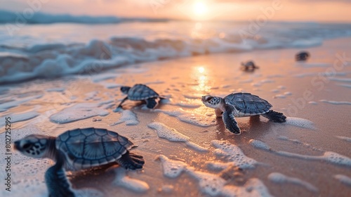 Wallpaper Mural Baby sea turtles journey to the ocean at sunset, symbolizing new beginnings and survival, AI Generative. Torontodigital.ca