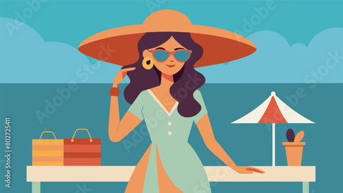 A woman in a flowy bohemian dress and a widebrimmed hat tries on a pair of oversized sunglasses at a vendors table her look perfect for a sunny summer. Vector illustration