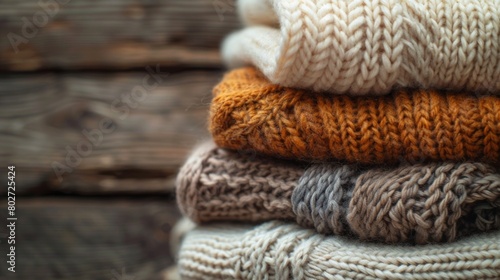 Cozy stack of knit sweaters in warm tones on a wooden background  perfect for winter  AI Generative.