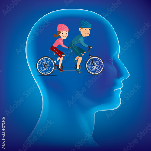Graphic image of a human head with a cyclist couple.