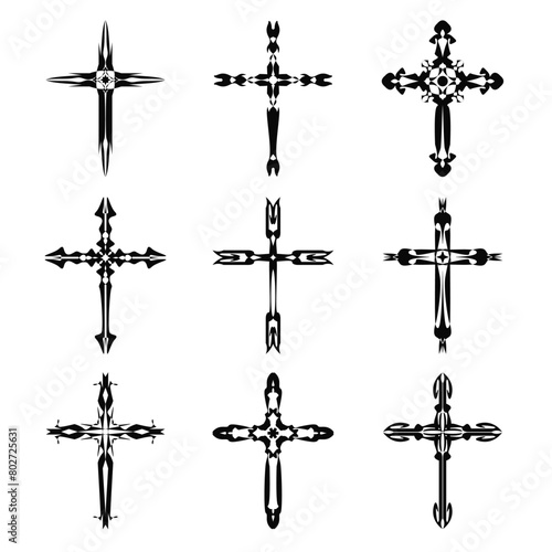 Christian cross vector icon symbols.  Abstract christian religious belief or faith art illustration for orthodox or catholic design. The symbol of the cross in various designs used in tattoo.