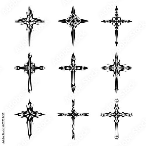 Christian cross vector icon symbols.  Abstract christian religious belief or faith art illustration for orthodox or catholic design. The symbol of the cross in various designs used in tattoo.