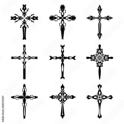 Christian cross vector icon symbols.  Abstract christian religious belief or faith art illustration for orthodox or catholic design. The symbol of the cross in various designs used in tattoo.