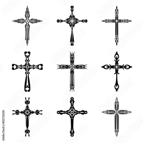 Christian cross vector icon symbols.  Abstract christian religious belief or faith art illustration for orthodox or catholic design. The symbol of the cross in various designs used in tattoo.