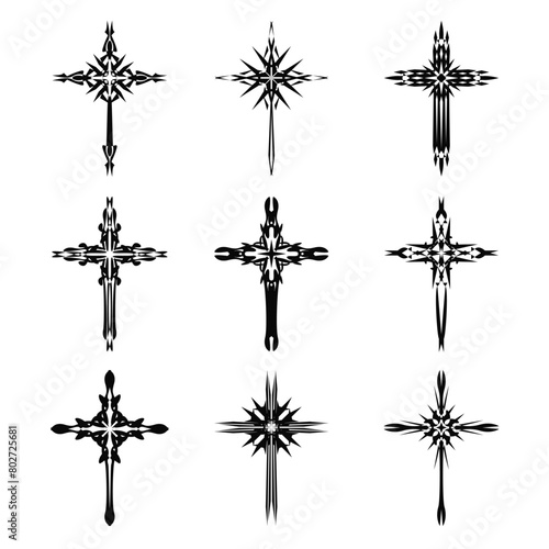 Christian cross vector icon symbols.  Abstract christian religious belief or faith art illustration for orthodox or catholic design. The symbol of the cross in various designs used in tattoo.