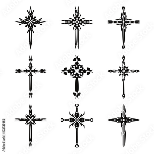 Christian cross vector icon symbols.  Abstract christian religious belief or faith art illustration for orthodox or catholic design. The symbol of the cross in various designs used in tattoo.