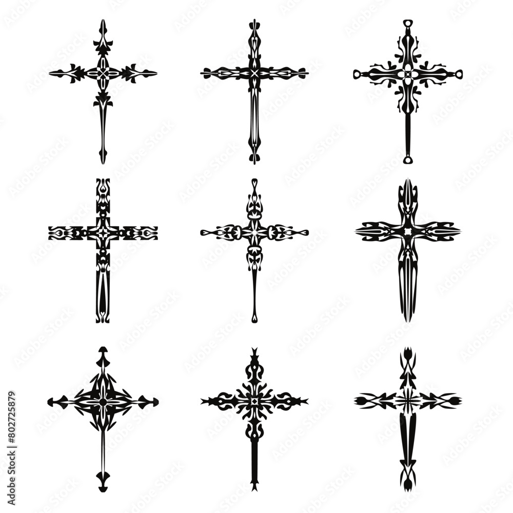 Christian cross vector icon symbols.  Abstract christian religious belief or faith art illustration for orthodox or catholic design. The symbol of the cross in various designs used in tattoo.